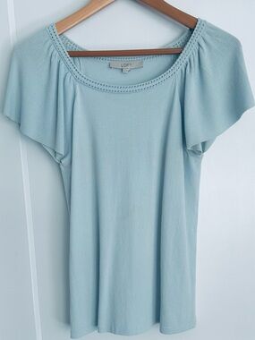 Darling Baby Blue Flutter Sleeve Knit Top With Crochet Neckline (EUC)
